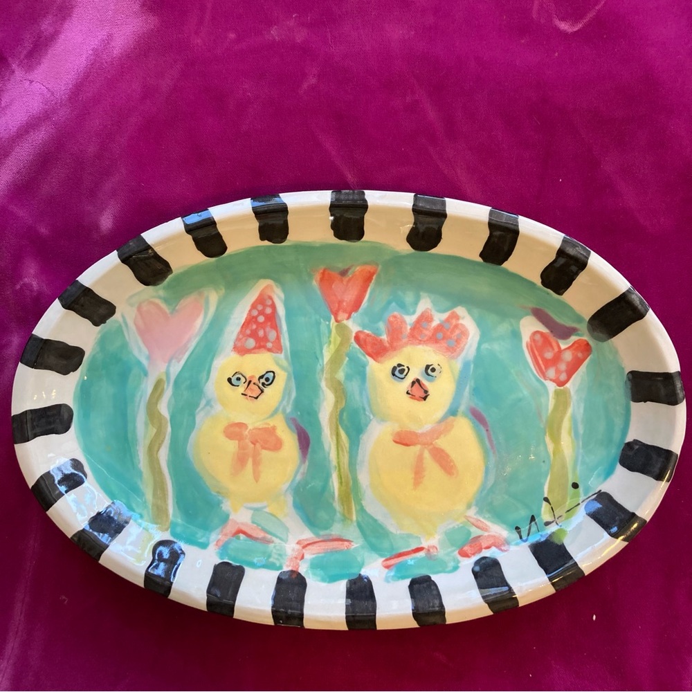 Handmade Ceramic Serving Tray”Chicks & Hearts On Pink”Design 11”x7”Original